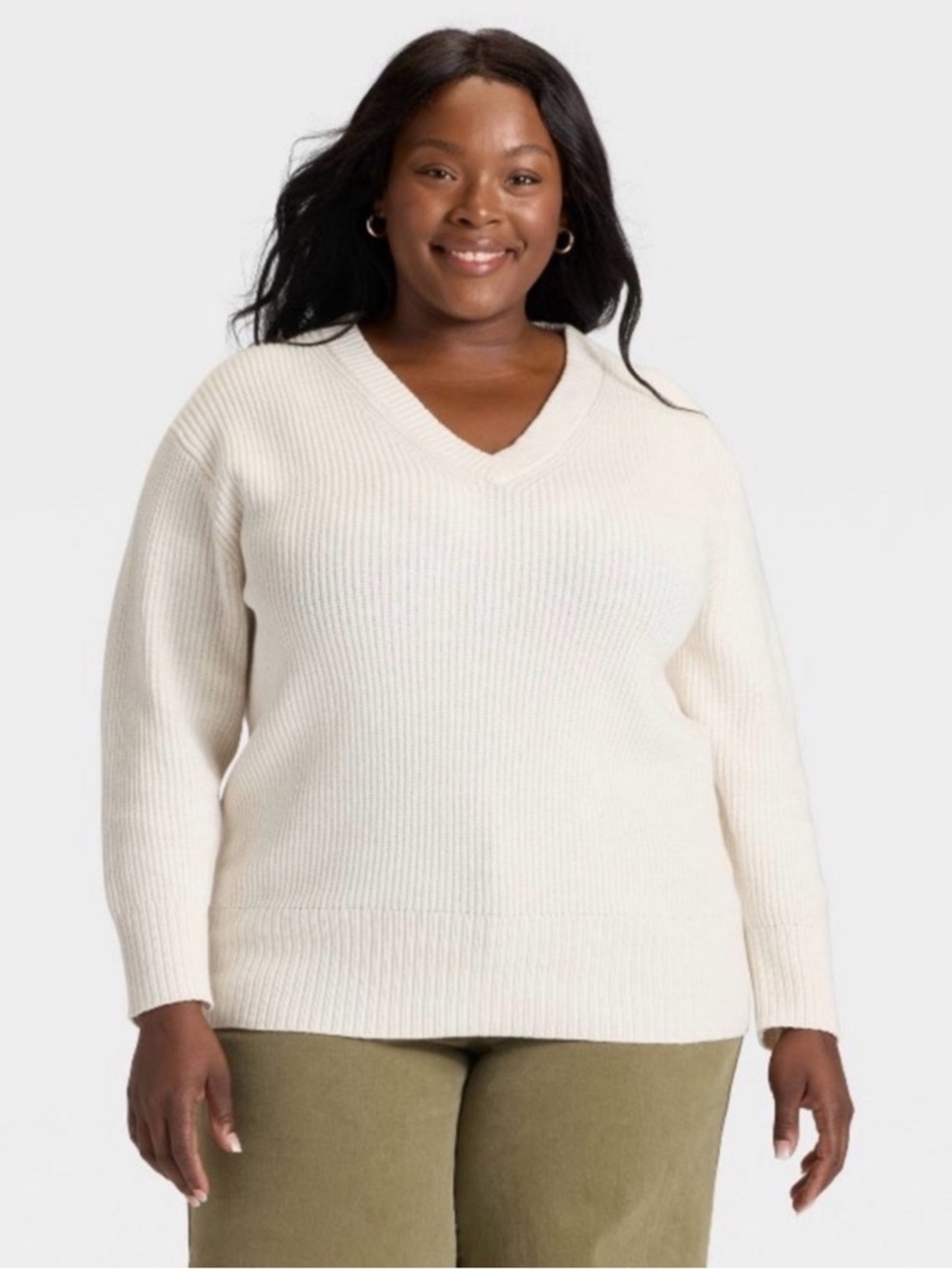 Ava & Viv V-Neck Ribbed Ivory Sweater